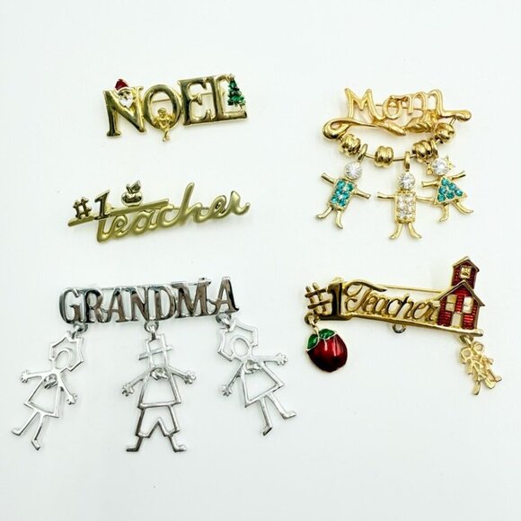 Vintage Grandma Teacher Mom Noel Dangle Brooches Lot KIS - Picture 1 of 10